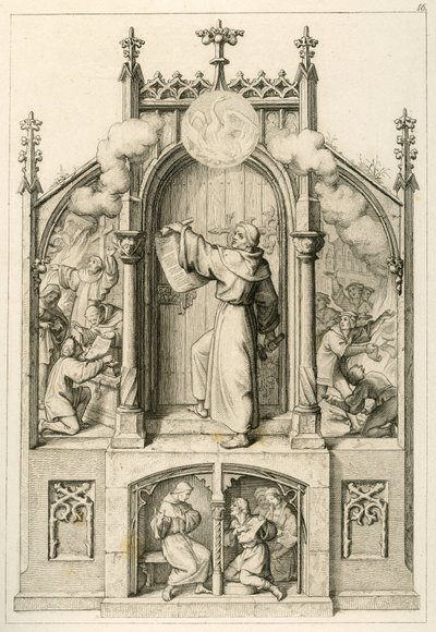 Luther vill inte ge avlat, till vänster: Johann Tetzel (1465-1519) bränner Luthers papper, huvudbilden: Luther hänger upp sina 95 teser på kyrkdörren i Wittenberg, till höger: studenter av universitetet i Wittenberg brinner av Gustav Ferdinand Leopold Konig