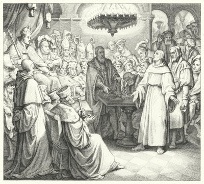 Martin Luther framträder inför kejsar Karl V vid riksdagen i Worms (gravyr) av Gustav Ferdinand Leopold Konig