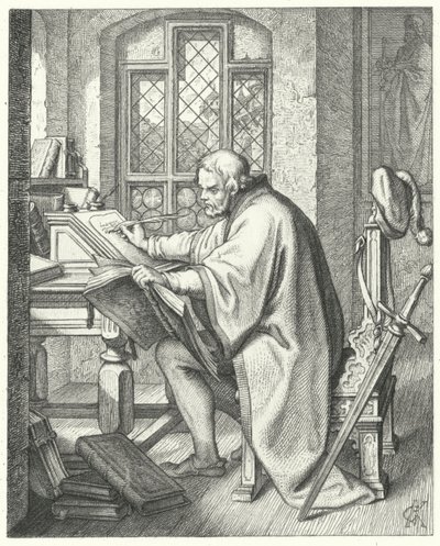 Martin Luther börjar översättningen av Bibeln på slottet Wartburg (gravyr) av Gustav Ferdinand Leopold Konig