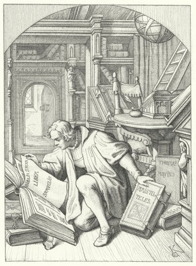Martin Luther upptäcker en latinsk bibel i biblioteket vid Erfurt University (gravyr) av Gustav Ferdinand Leopold Konig