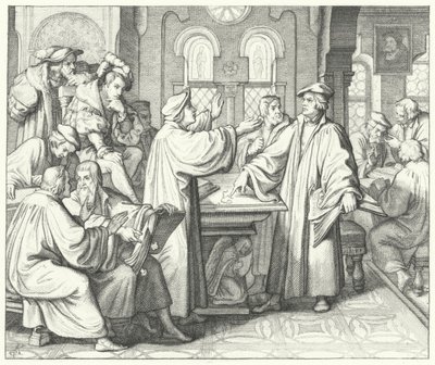Martin Luther diskuterar sakramentet med Huldrych Zwingli (gravyr) av Gustav Ferdinand Leopold Konig