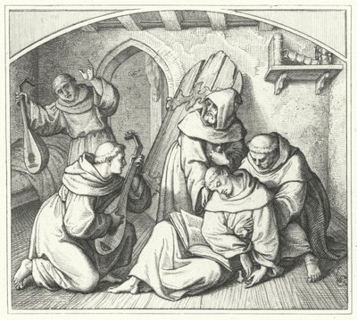 Martin Luther svimmar med en bibel i handen och hans vänner tar honom tillbaka till sansen (gravyr) av Gustav Ferdinand Leopold Konig