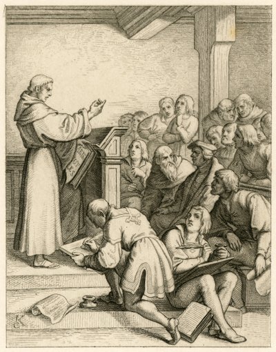 Martin Luther föreläser på universitetet i Wittenberg, framför honom vicekanslern doktor Pollich och hans fadersvän Johann von Staupitz (1460-1524) av Gustav Ferdinand Leopold Konig