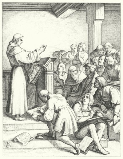 Martin Luther i en filosofi- och teologiföreläsning för sin kandidatexamen (gravyr) av Gustav Ferdinand Leopold Konig