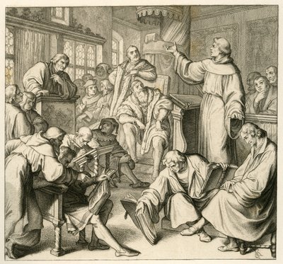 Martin Luther i diskussion med Dr. Johannes Eck (Johann Maier von Eck) (1486-1543), på Luthers sida finns Philipp Melanchthon (1497-1560) och Karlstadt (Andreas Rudolf Bodenstein von Karlstadt av Gustav Ferdinand Leopold Konig