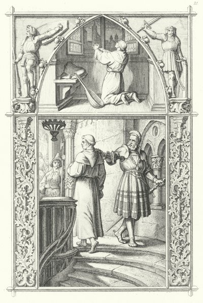 Martin Luther i bön när han förbereder sig för Worms diet (överst). Georg von Frundsberg ger uppmuntran till Martin Luther (nederst) (gravyr) av Gustav Ferdinand Leopold Konig