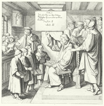 Martin Luther introducerar katekesen för skolbarn (gravyr) av Gustav Ferdinand Leopold Konig