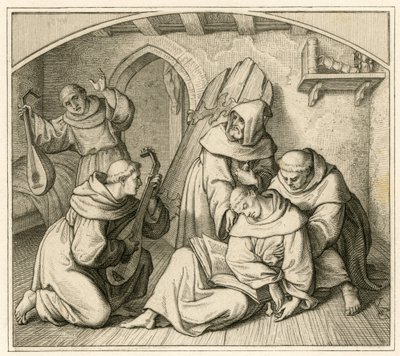 Martin Luther är medvetslös i sin klostercell, tillsammans med andra munkar som spelar lut av Gustav Ferdinand Leopold Konig