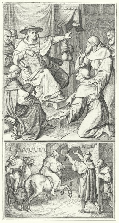 Martin Luther lämnar påvens legat i Wittenberg, Thomas Cajetan (överst). Martin Luther lämnar staden Augsburg (nederst) (gravyr) av Gustav Ferdinand Leopold Konig