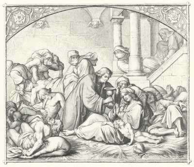 Martin Luther erbjuder tröst till de som lider av pesten (gravyr) av Gustav Ferdinand Leopold Konig