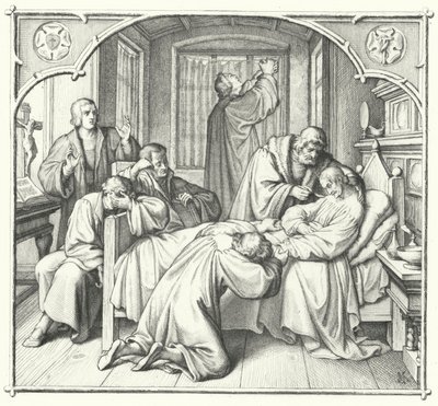 Martin Luther ber vid Philip Melanchthons dödsbädd (gravyr) av Gustav Ferdinand Leopold Konig