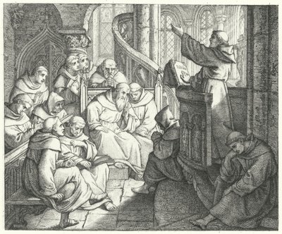Martin Luther predikar för Johann von Staupitz och de andra munkarna i klostret (gravyr) av Gustav Ferdinand Leopold Konig