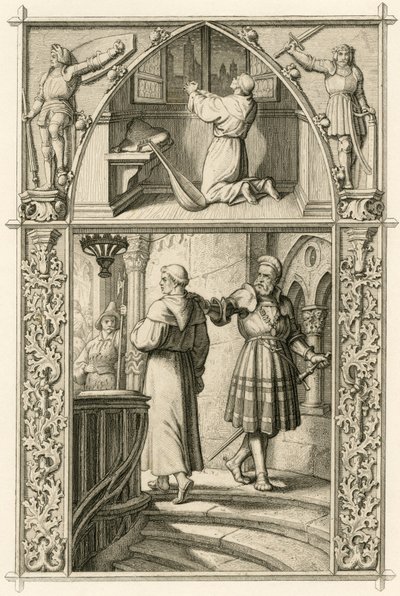 Martin Luther förbereder sig genom en bön för mötet med kejsaren (bild ovan) ; huvudbild : Luther möter riddaren George (Georg) von Frundsberg (Jorg von Fronsberg, Freundsbergin av Gustav Ferdinand Leopold Konig