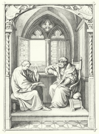 Martin Luther läser ur Bibeln för Johannes, kurfurste av Sachsen (gravyr) av Gustav Ferdinand Leopold Konig
