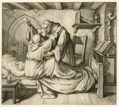 Martin Luther får tröst av en gammal munk, eftersom han var utmattad av kropp och mänskligt sinne av Gustav Ferdinand Leopold Konig