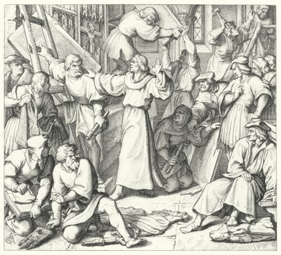 Martin Luther håller tillbaka ikonoklasterna i Wittenberg (gravyr) av Gustav Ferdinand Leopold Konig