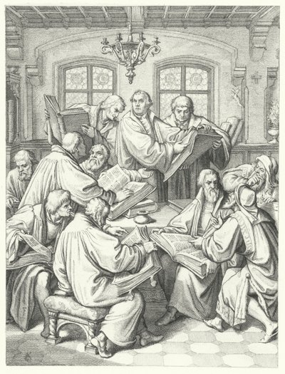 Martin Luther översätter bibeln till tyska (gravyr) av Gustav Ferdinand Leopold Konig