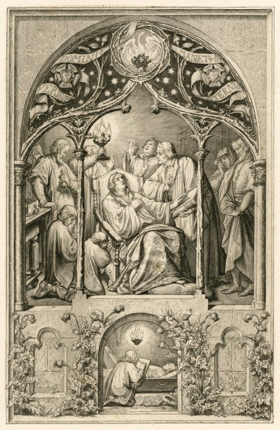 Martin Luthers död, Luther två söner, knäböjande framför sin far, dr Justus Jonas säger sista orden, bakom dem Michael Coelius som ber, Johannes Aurifaber med en kandelaber, läkaren Simon Wild med medicin och till höger greve Albr av Gustav Ferdinand Leopold Konig
