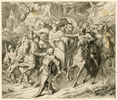 Kidnappningen av Martin Luther på hans återresa - 1521 - av Hauptmann von Berlepsch och Burkhard Hund, eftersom det fanns tjuren för bannlysning av påven och kejsarens fredlöshet av Gustav Ferdinand Leopold Konig