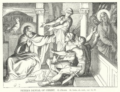 Peters förnekelse av Kristus, St Lukas, kap xxii, ver 55, 56 (gravyr) av Gustav Jager
