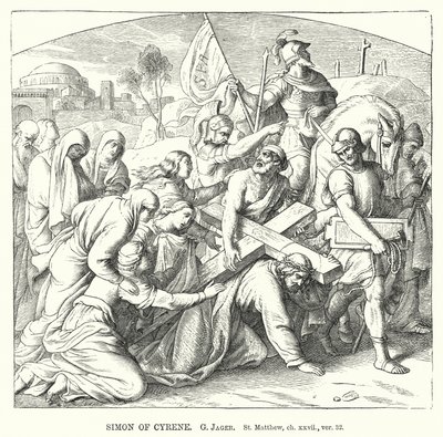 Simon av Cyrene, St Matteus, kap xxvii, ver 32 (gravyr) av Gustav Jager