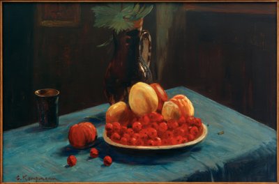 Fruktstilleben på en blå duk av Gustav Kampmann