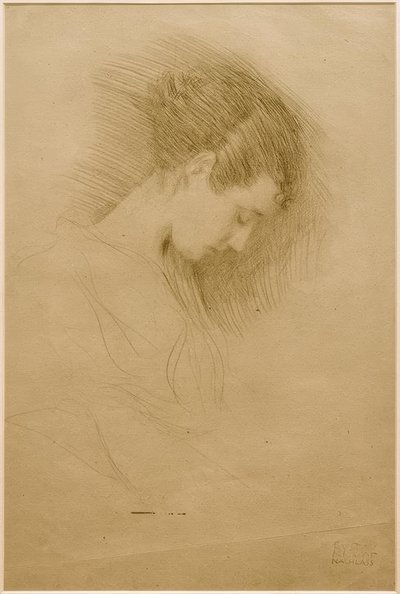 Halvlångt porträtt av en flicka med huvudet böjt åt höger av Gustav Klimt