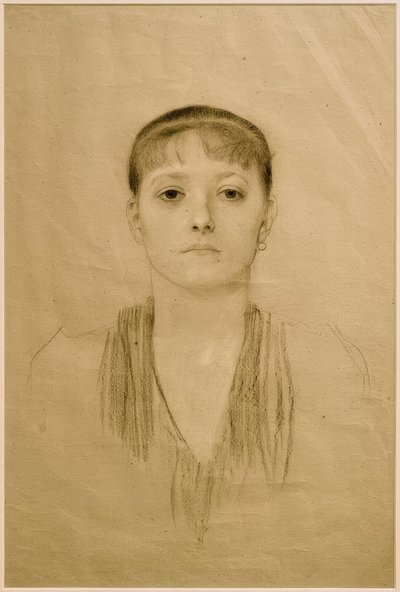 Porträtt av en flicka i halvlängd från framsidan av Gustav Klimt