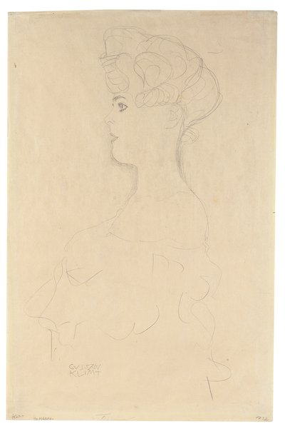 Bystprofilporträtt från vänster, ca 1904-05 (blyerts med vit och röd krita på japanskt similipapper) av Gustav Klimt