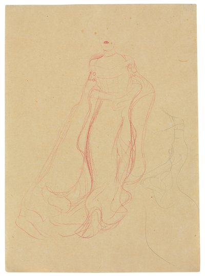 Kostymstudie med händerna knäppta, repetition av höger sida, ca 1903-04 (färgad vaxkrita och blyerts på buffrat papper) av Gustav Klimt