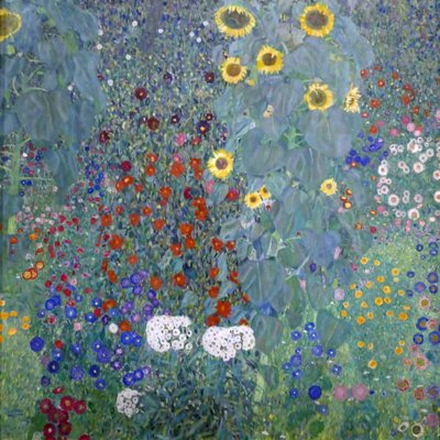 Stuga trädgård med solblommor av Gustav Klimt