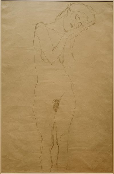 Naken framifrån, händerna på kinden av Gustav Klimt