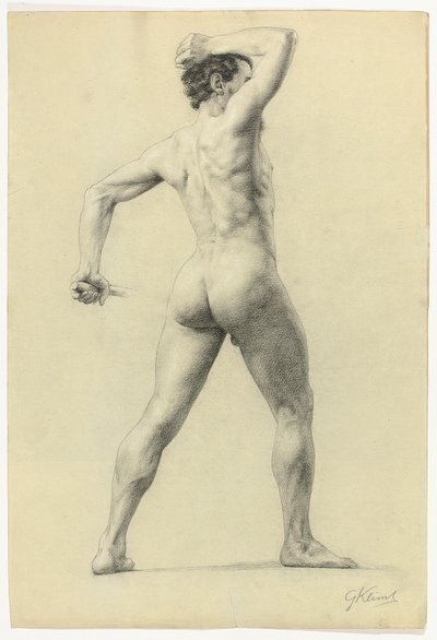 Manlig nakenbild bakifrån, ca 1880 (blyerts överstruken med vit krita på papper) av Gustav Klimt