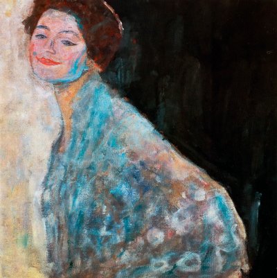 Porträtt av en dam i vitt oavslutat, 1917 av Gustav Klimt