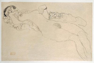 Liggande naken vände sig till vänster av Gustav Klimt