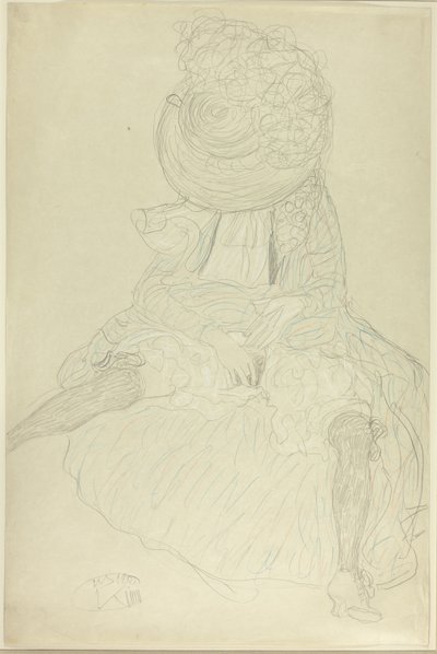 Sittande kvinna framifrån med hatt, ansiktshuva av Gustav Klimt
