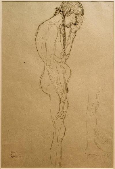Stående gammal kvinna i profil till höger, benstudie av Gustav Klimt