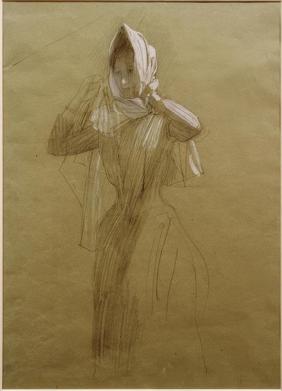 Stående ung kvinna som slår in en huvudduk av Gustav Klimt