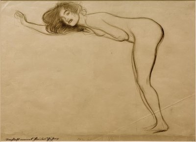 Stående flicka naken med kroppen böjd framåt till vänster av Gustav Klimt