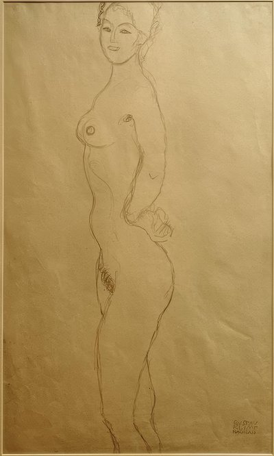 Stående kvinnlig naken till vänster, lämna in... av Gustav Klimt
