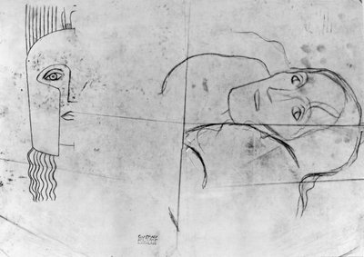 Studier för Ver Sacrum 1900 - Pallas Athene och ett tragiskt huvud, 1897-98 (blyerts och blåkrita på kalkerpapper) av Gustav Klimt