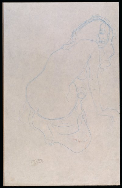 Kvinna som lutar åt höger med långt hår, ca 1910-11 av Gustav Klimt