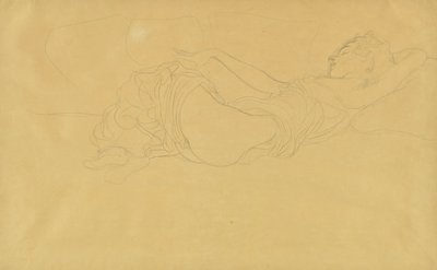 Kvinna liggande på rygg, delvis klädd av Gustav Klimt