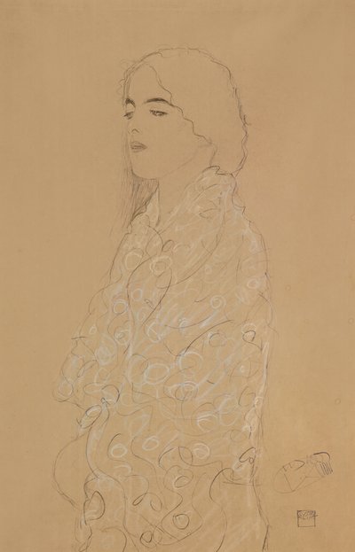 Kvinna med en vit sjal (penna med vit och röd färgad krita på papper) av Gustav Klimt