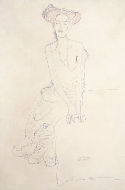 Ung kvinna som försörjer sig med sina händer av Gustav Klimt