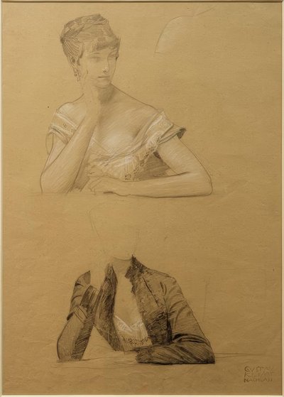 Två studier av en ung kvinna som sitter vid ett bord av Gustav Klimt