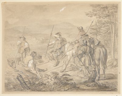Landskap med ryttare vid en färja av Gustav Schlick