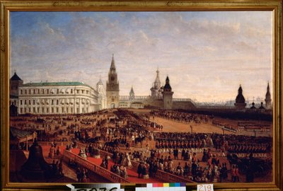 Militärparad under kröningen av kejsar Alexander II (1818-1881) i Kreml i Moskva, 18 februari 1855. Målning av Gustav Schwarz (cirka 1800-efter 1855), olja på duk av Gustav Schwarz