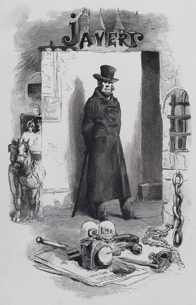 Scene fra Les Miserables, af Victor Hugo: Javert, detektiven (graverings)svensker av Gustave (after) Brion