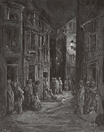 Bluegate Fields slumkvarter, London på 1800-talet. (skriva ut) av Gustave (after) Dore